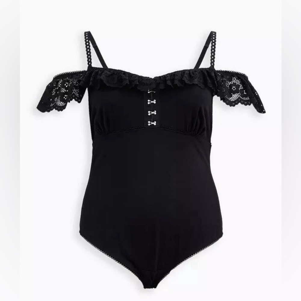 Black Lace-Trim Bandeau Bodysuit with Decorative Bows
